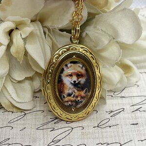 Bright Gold Fox Family Kit Mom Baby Brass Locket Necklace Pendant Wedding Mother